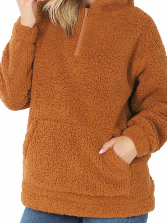 Zenana - Soft Sherpa Half Zip Pullover With Pockets