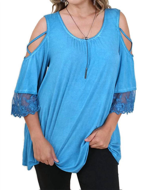 Umgee - Washed Cold Shoulder Lace Trim Top