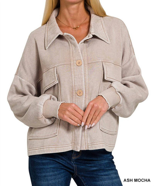 Zenana - Acid Wash Fleece Cropped Shacket With Front Pockets