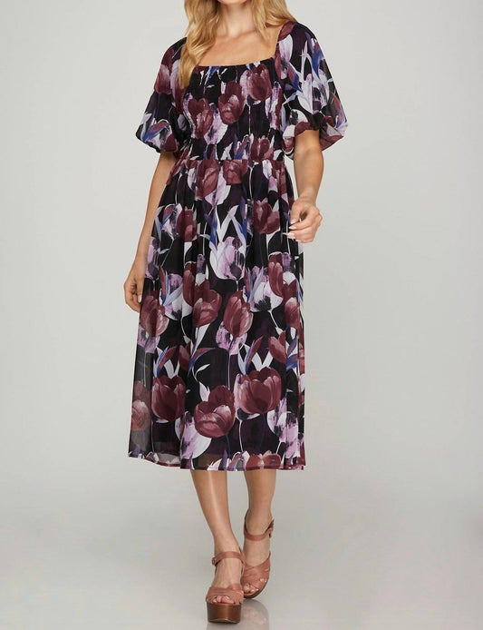 She + Sky - Puff Sleeve Smocked Top Floral Print Midi Dress