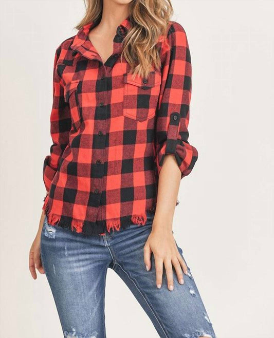 Risen - Women's Leona Buffalo Plaid Frayed Hem Top