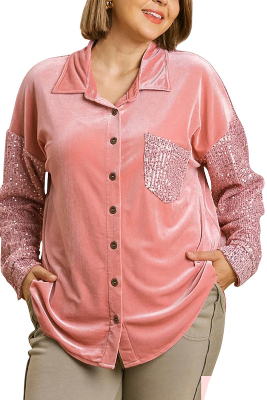 Umgee - Velvet Button Down Sequin Sleeves & Pocket