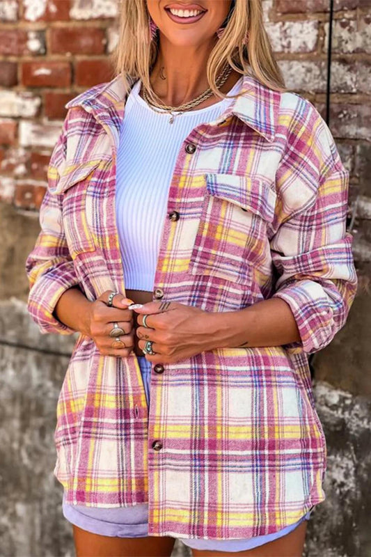 Shiying Fashion - Plaid Print Rounded Hem Shirt Jacket