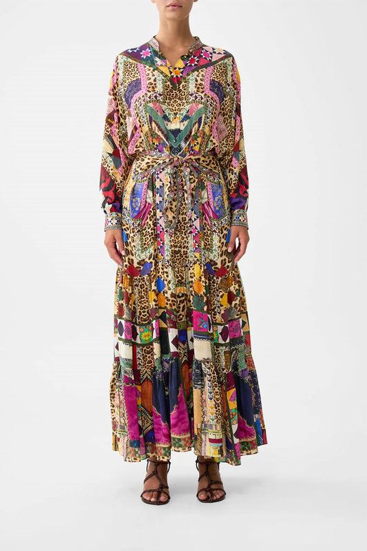 Camilla - Wide Waist Tie Tiered Maxi Shirtdress