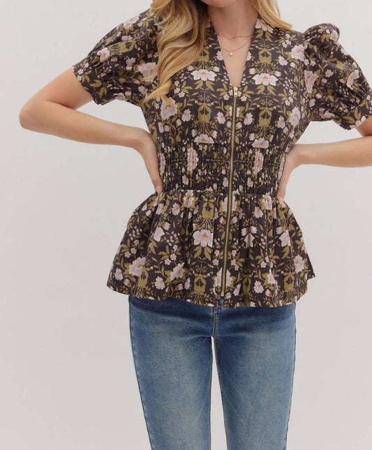 Entro - Floral Zipper Peplum Top