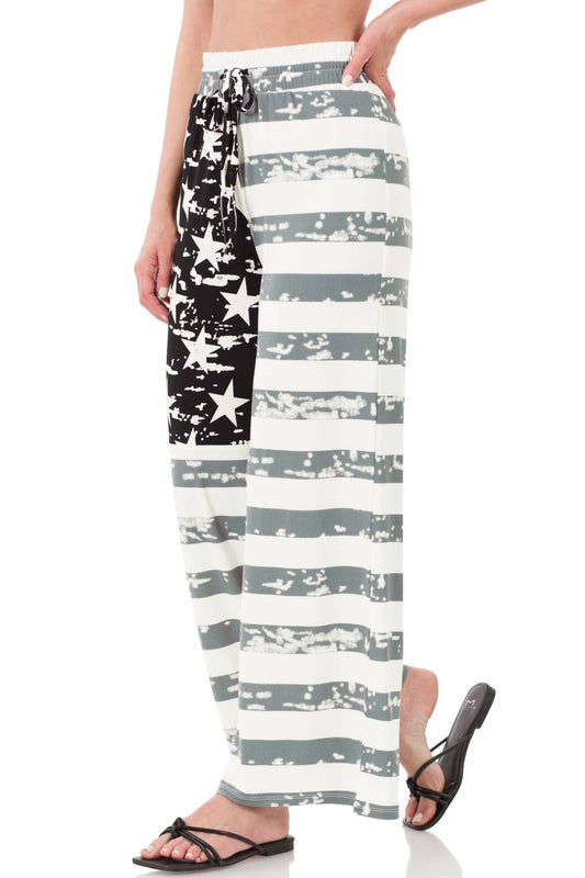 Zenana - Women's American Flag Drawstring Wide Leg Pants