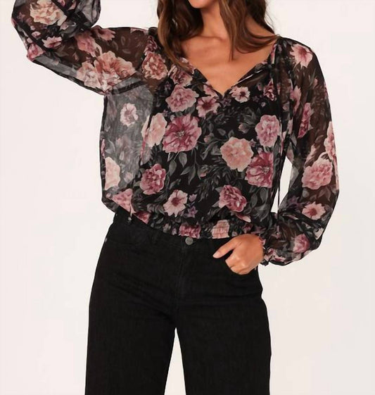 Lovestitch - Sheer Floral Smocked Tie Neck Blouse