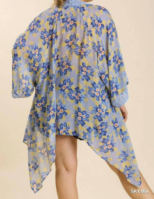 Sheer Floral Print Open Front Kimono With Crochet Detail Plus