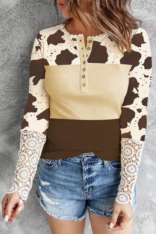 Shewin - Cow Lace Long Sleeve Top