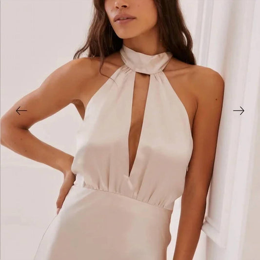 Something Navy - Silky Halter Cutout Gown