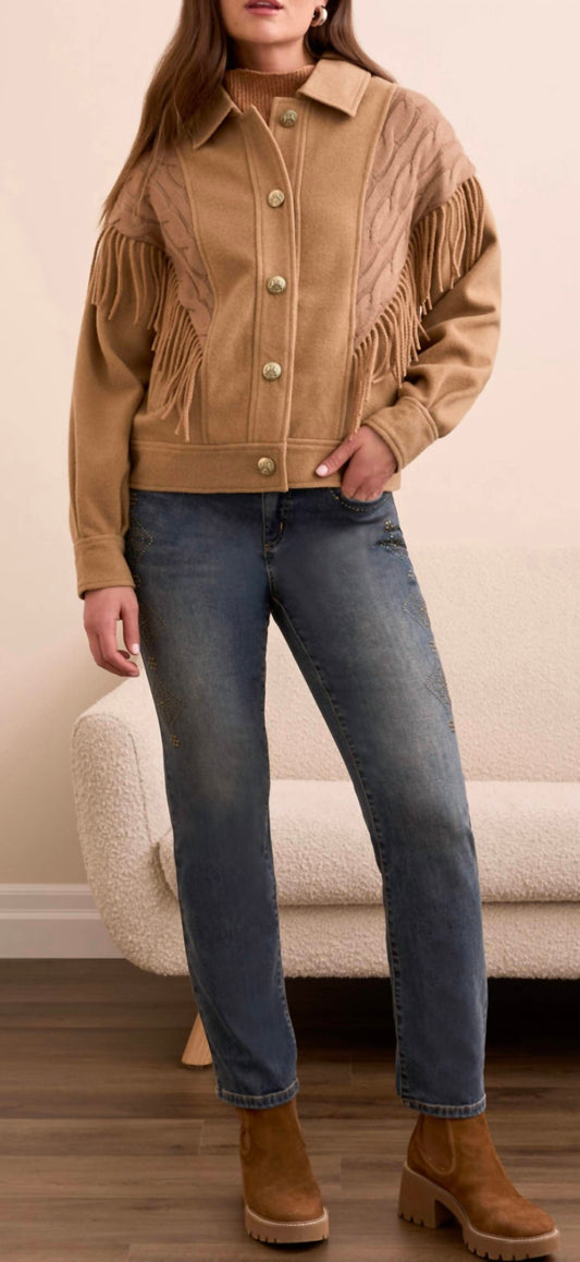 Tribal - FRINGE-SHOULDER BUTTON-FRONT KNIT JACKET