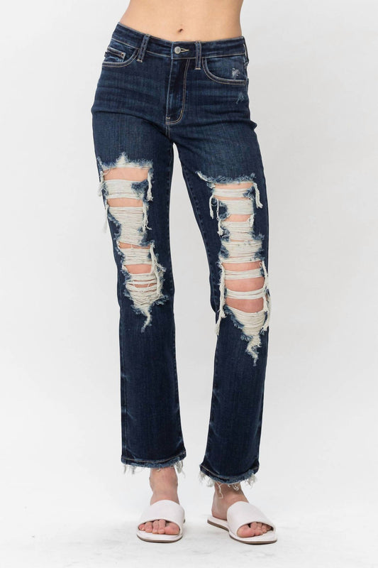 Judy Blue - Mid Rise Heavy Distressed Straight Leg Jeans