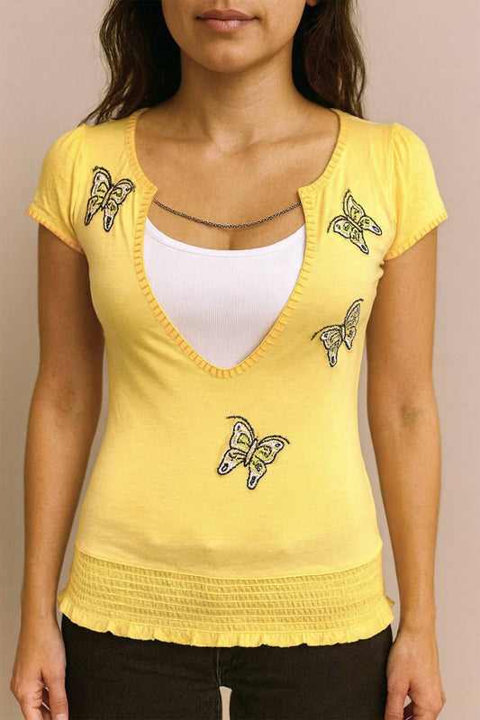 Paparazzi - Chained V-neck Top With Embroidery & Beaded Works