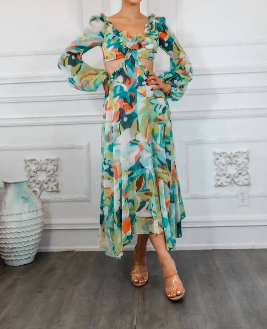 Surelymine - Bubble Sleeves Floral Cut-Out Ruffle Midi Dress
