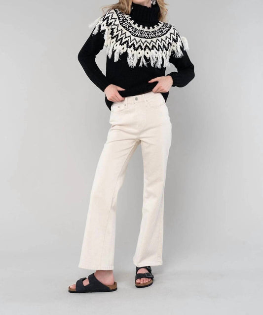 Lovestitch - Intarsia Patterned Turtle Neck Fringe Sweater