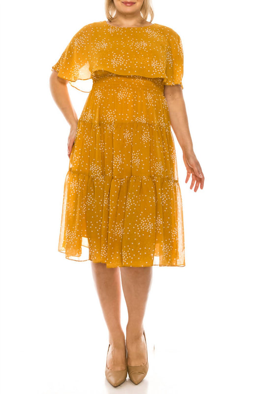 Maison Tara - Dot Print Sleeveless Cape Tiered A-line Midi Dress