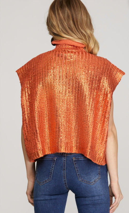She + Sky - Metallic Foil Sleeveless Turtleneck Sweater Top