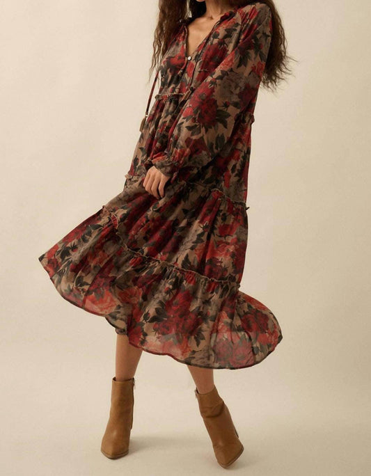 Promesa - Floral-print Tiered Ruffle Long-sleeve Midi Dress
