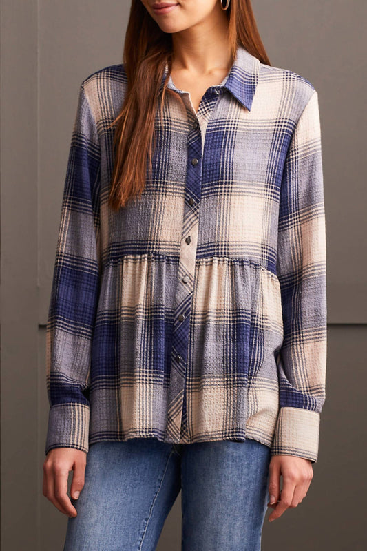 Tribal - PLAID PEPLUM BUTTON-UP