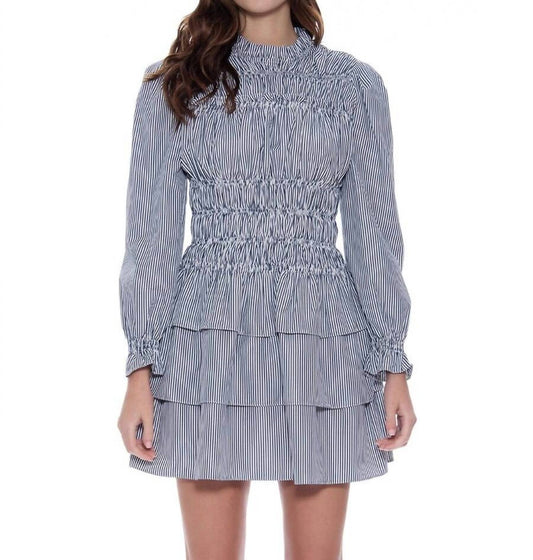 Gracia - Pinstriped Ruffle Hem Flounce Sleeve Smocked Dress