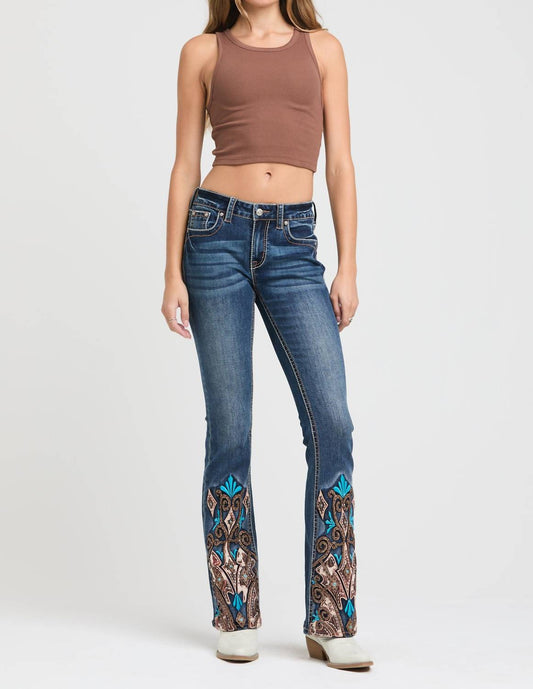 Grace In La - WESTERN EMBROIDERY HEM DETAIL FLARE JEANS