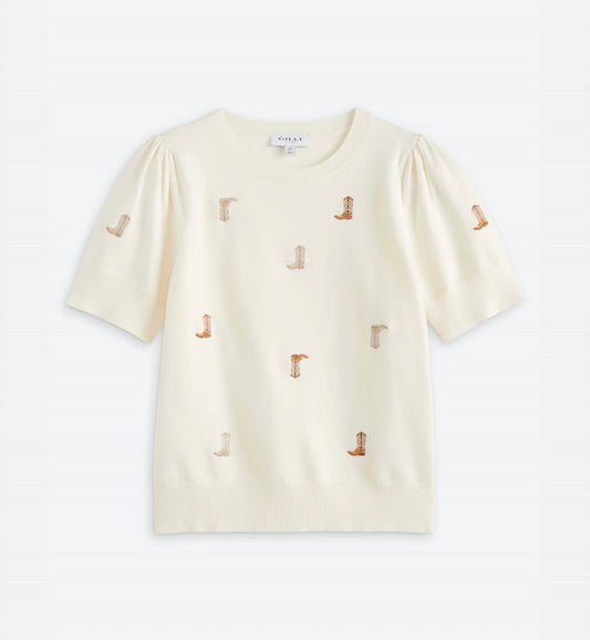 Gilli - Round Neck Puff Sleeve Embroidered Knit Top