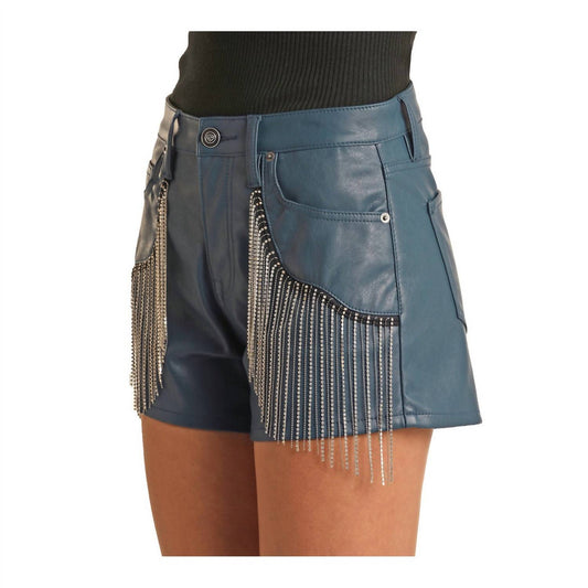 Rock & Roll Denim - High Rise Faux Leather & Rhinestone Fringe Short