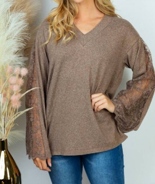 White Birch - Lace Sleeve Solid V-neck Top