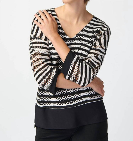 Joseph Ribkoff - Striped Holey Knit High-low Top