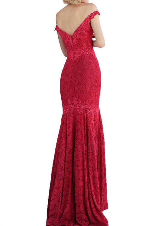 Jovani - Embellished Lace Off-Shoulder Mermaid Dress