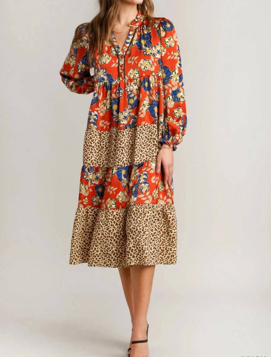Umgee - Floral And Animal Print Midi Tiered Dress