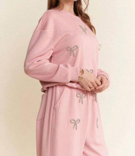 Davi & Dani - Rhinestone Bow Detail Soft Knit Sweatshirt Set