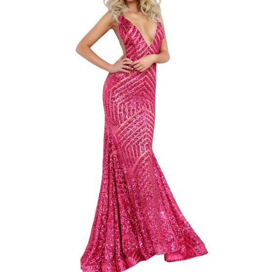 Jovani - SEQUIN EMBELLISHED V-NECK DRESS