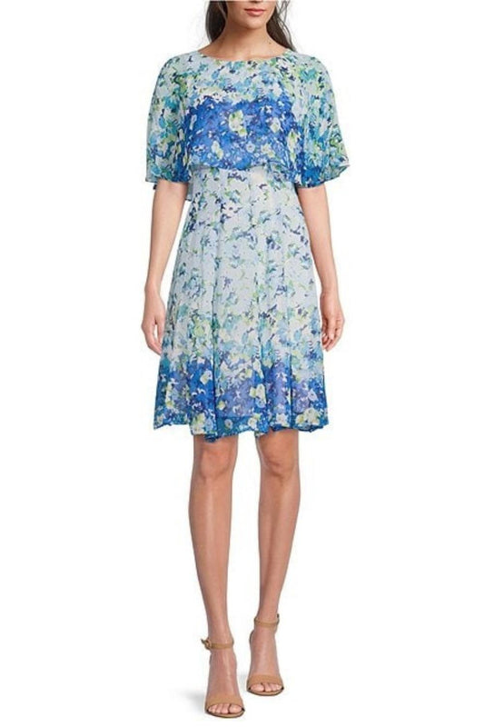 Maison Tara - Floral Print Short Sleeve Cape Fit & Flare Dress