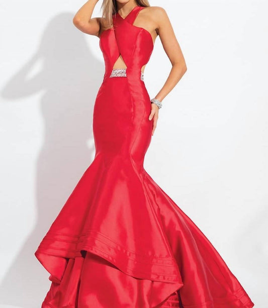Rachel Allan - Criss-cross Mikado Mermaid Ruffled Gown