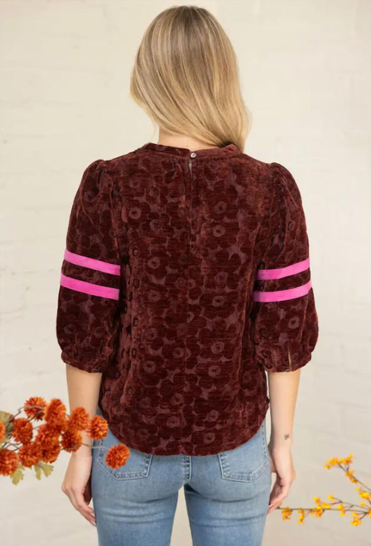 Voy - Floral Velvet Top With Puff Sleeve Stripe Detail