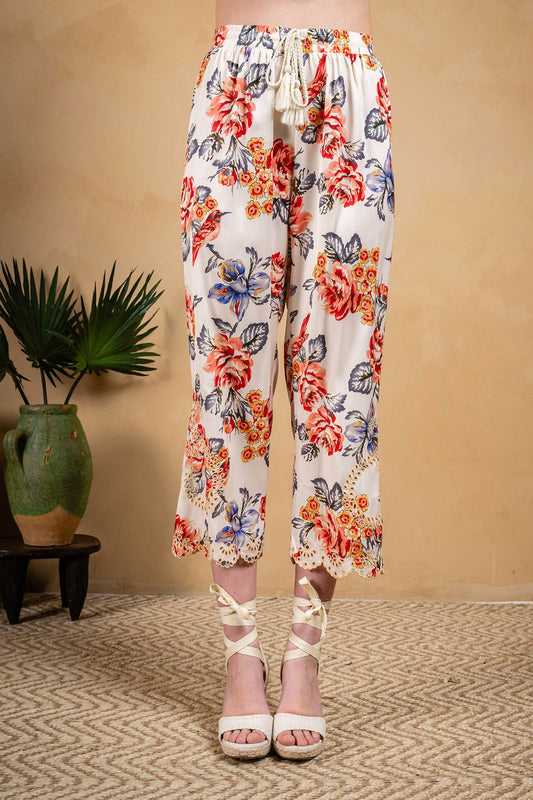 Paparazzi - Pull On Printed Charmeuse Pant W/embroidery Trim