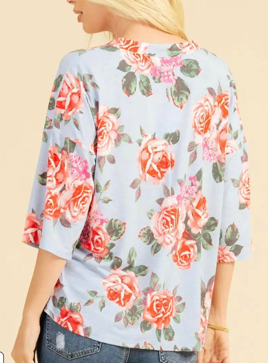 Sew In Love - Blue & Red Floral Half Sleeve Top