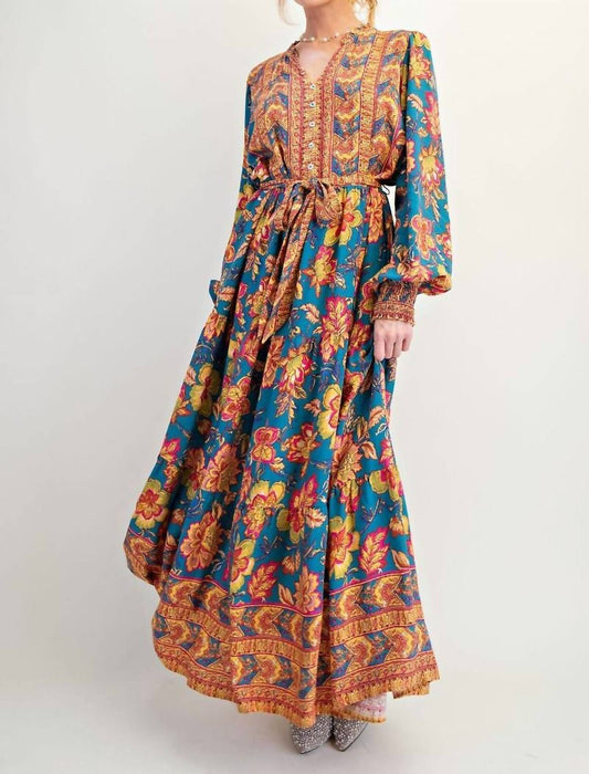 Easel - Long Sleeve Floral Rayon Challis Maxi Dress