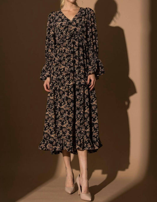 Lena - Floral Print Long Sleeve Ruffle Midi Dress
