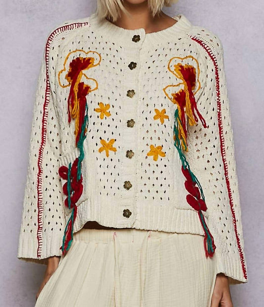 Pol - Long Sleeve Floral Frayed Edge Cardigan Top