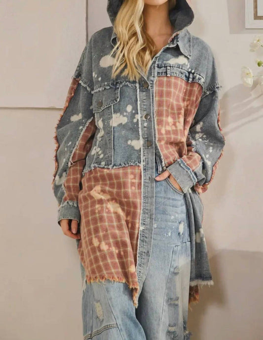 Oli & Hali - Bleached Plaid Long Shacket With Hoodie