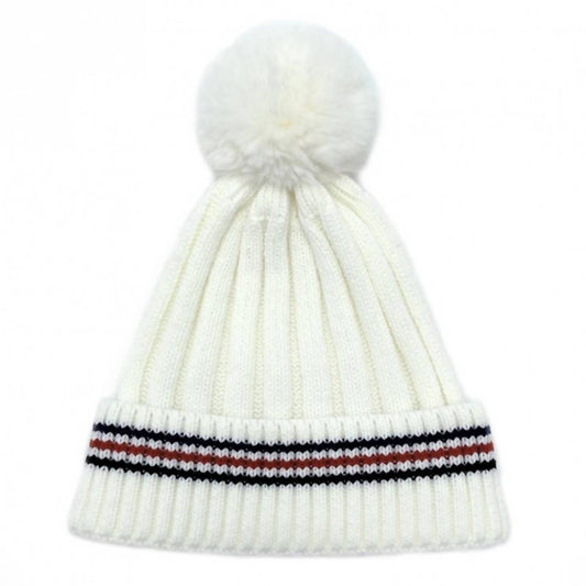 Judson & Company - Women's Stripe Details Knit Beanie With Faux Fur Pom Pom
