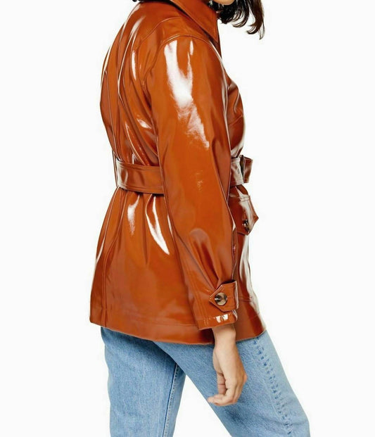 Topshop - Rust Brown Patent Belted Coat Jacket High Gloss Vinyl