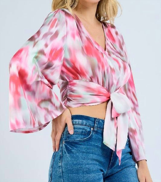 Llove - Bowtie Crop Flare Sleeve Top