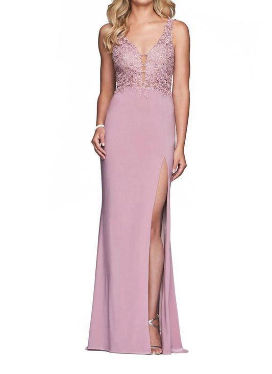 Faviana - Floral Lace High Slit Dress