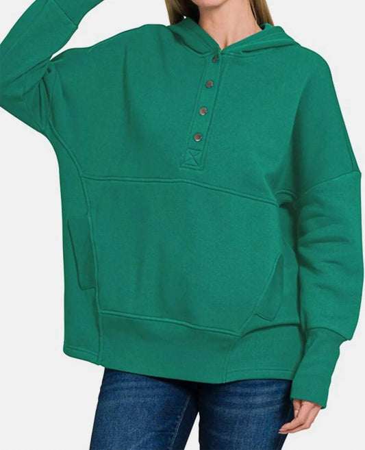Zenana - Half Snap Long Sleeve Hoodie With Kangaroo Pocket