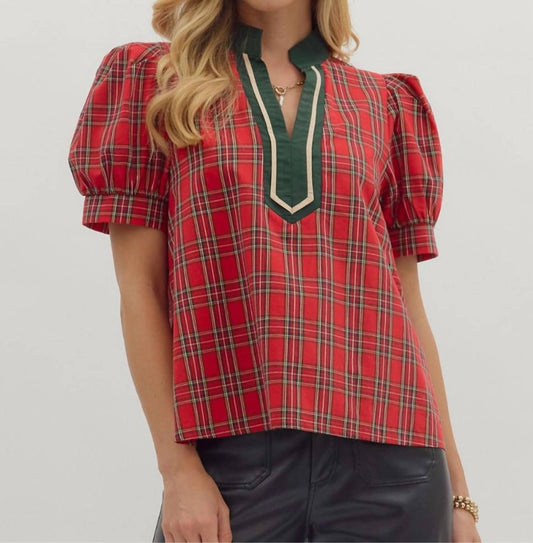 Entro - Plaid Patterned V-neck Top