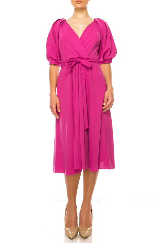 Maison Tara - Belted Puff Sleeve A Line Dress