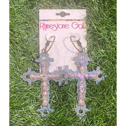 A Rare Bird - Women's Patina Scroll Cross Earrings With Iridescent Crystals